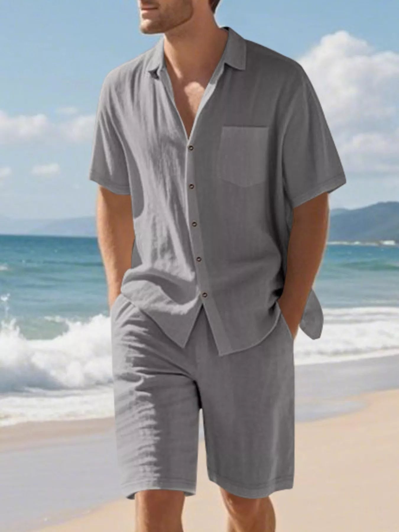Men's Full Size Casual Button Up Shirt and Shorts Set Plus Size