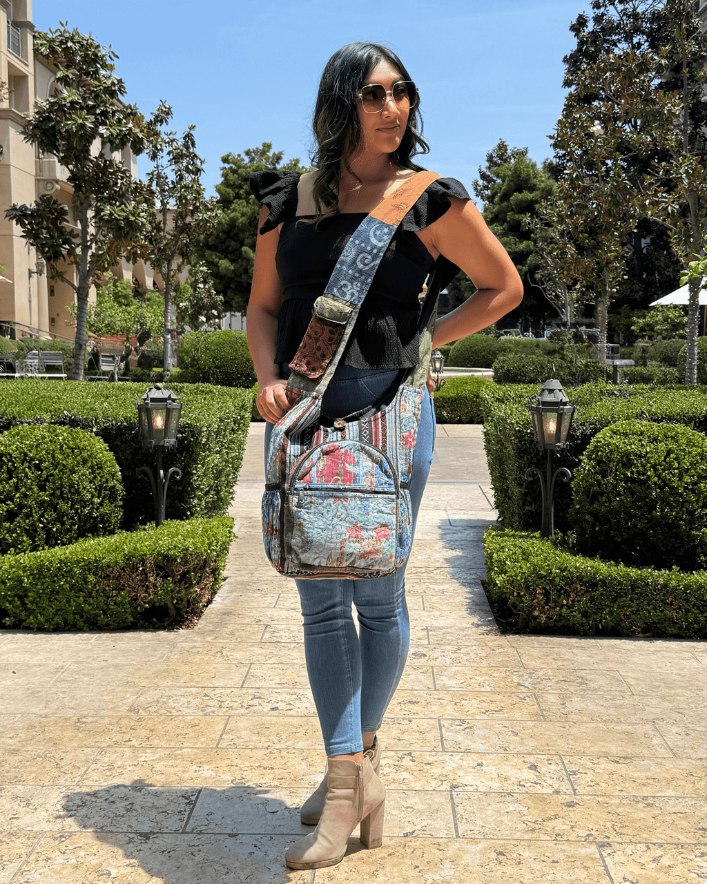 Kathmandu Collection Vintage Patchwork Hobo Bag with Water Bottle Pockets