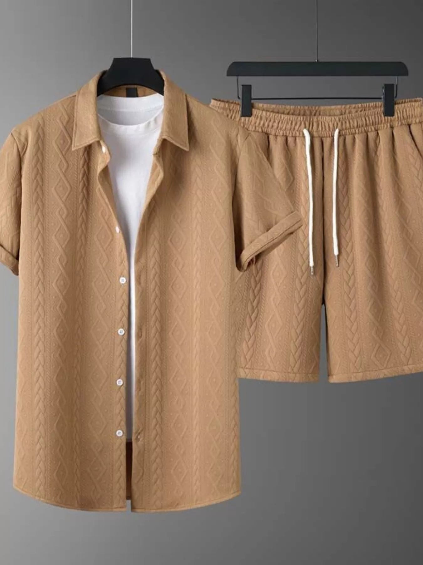 Men's Textured Knit Short Sleeve Polo & Shorts Set