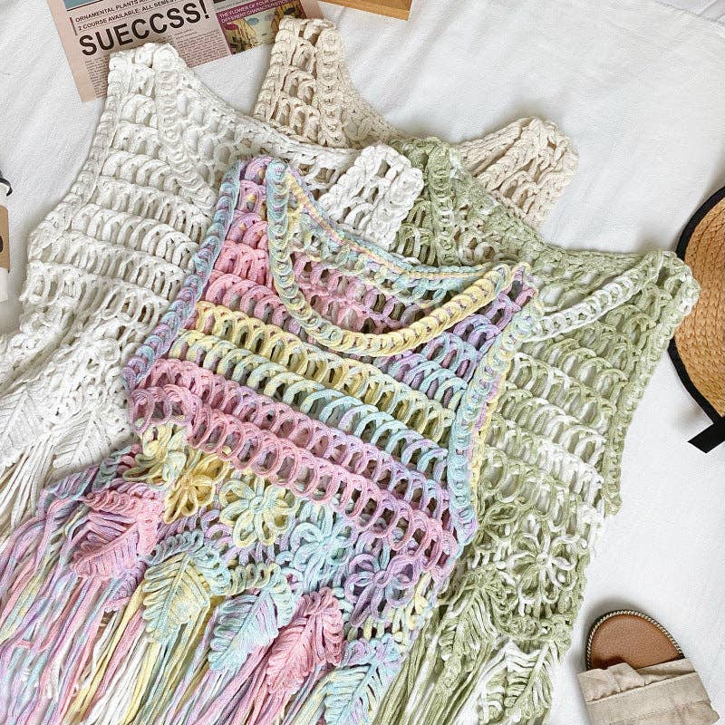 Boho Fringe Woven Sleeveless Cover-Up Top | Cotton Beach Vacation Layering Top