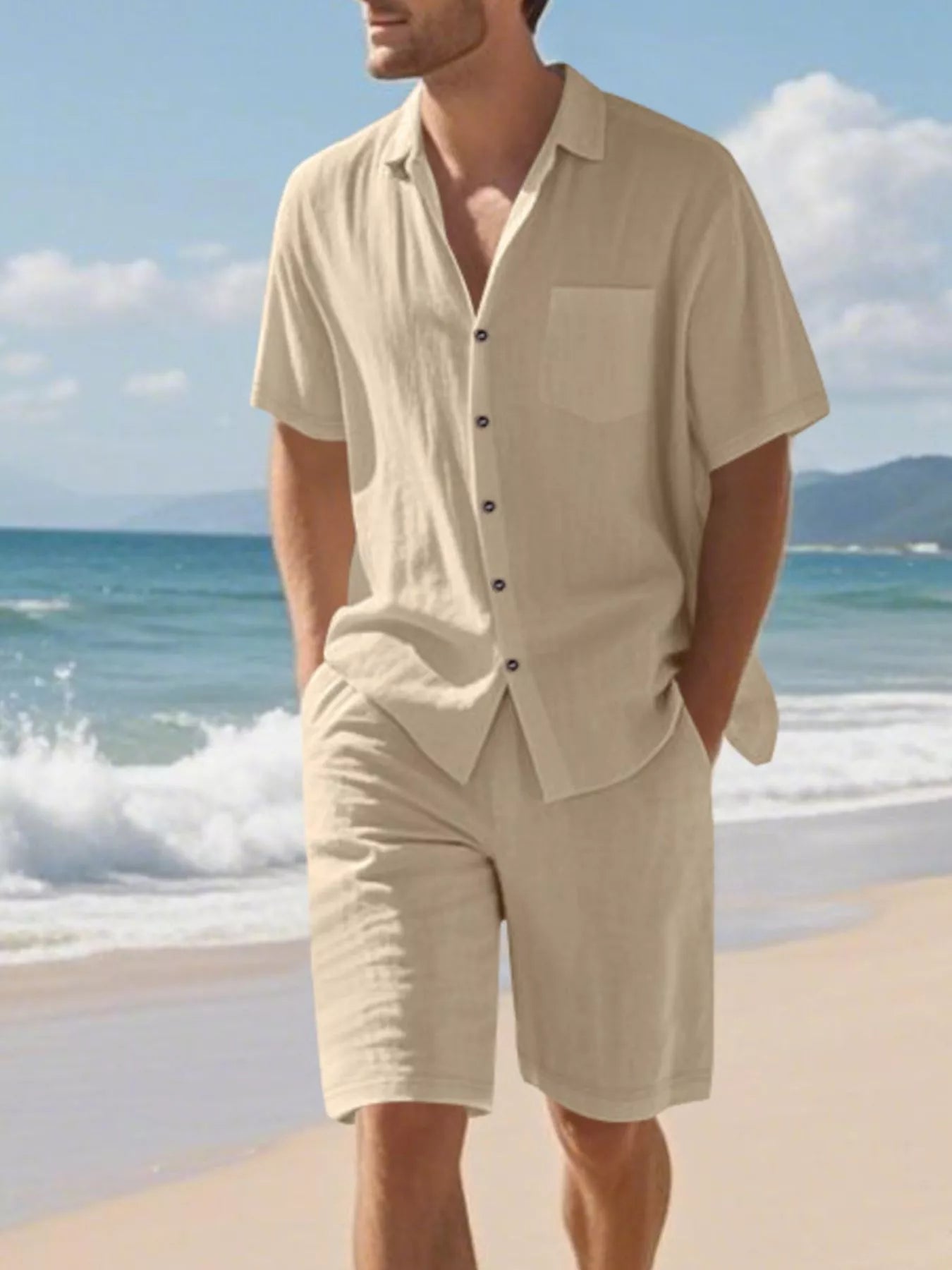Men's Full Size Casual Button Up Shirt and Shorts Set Plus Size