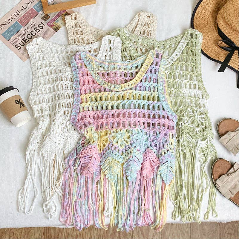 Boho Fringe Woven Sleeveless Cover-Up Top | Cotton Beach Vacation Layering Top