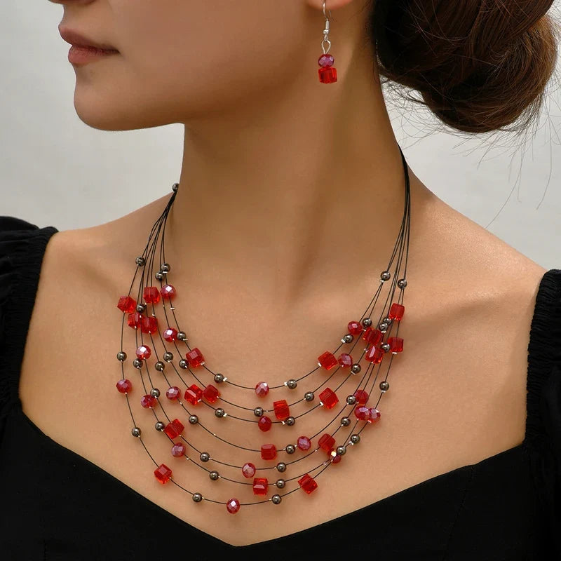 Multilayer Natural Stone Ethnic Necklace Earrings Set