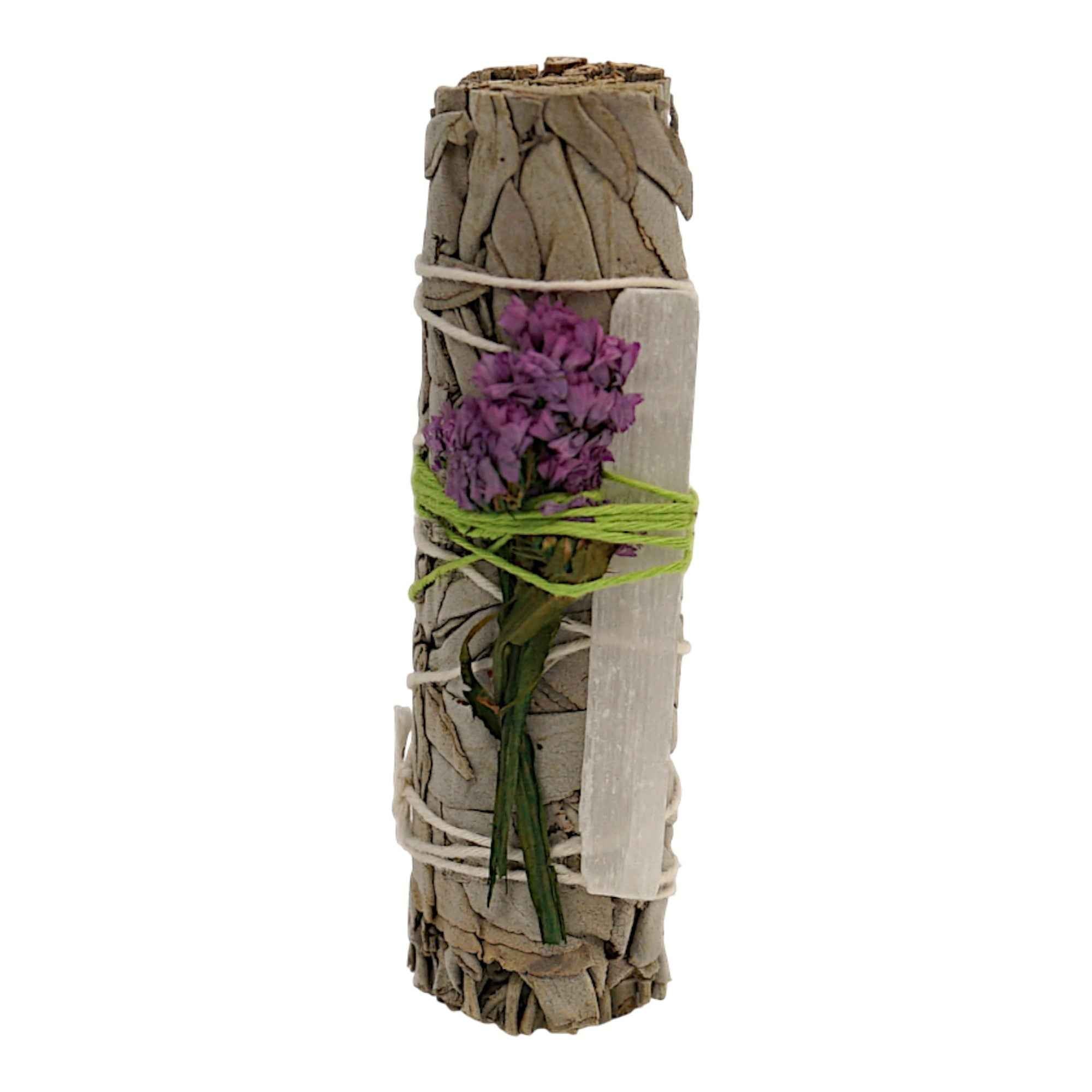 White Sage, Selenite & Pink Flower Smudge Bundle (4")