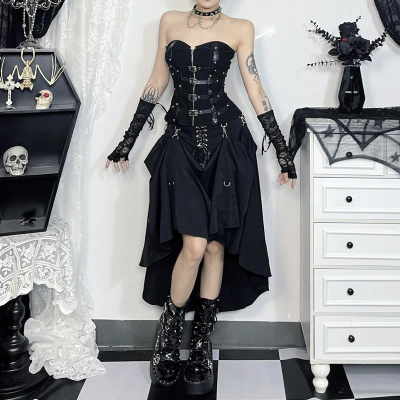 Goth Streetwear Gothic Skirt Women Harajuku Emo Alternative Grunge High Waist Bandage A-line Skirts Y2k E-girl Indie Clothes