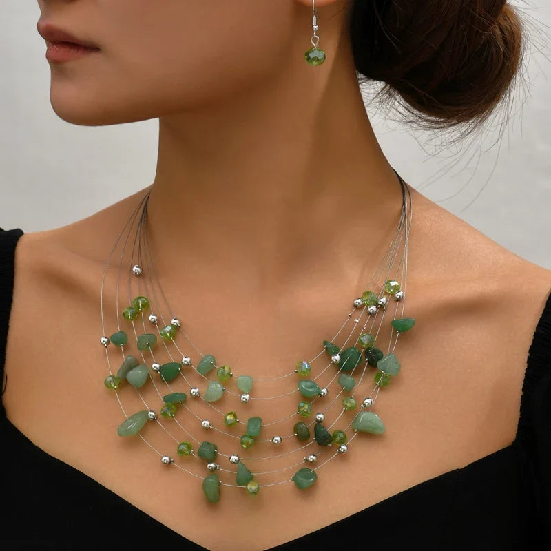 Multilayer Natural Stone Ethnic Necklace Earrings Set