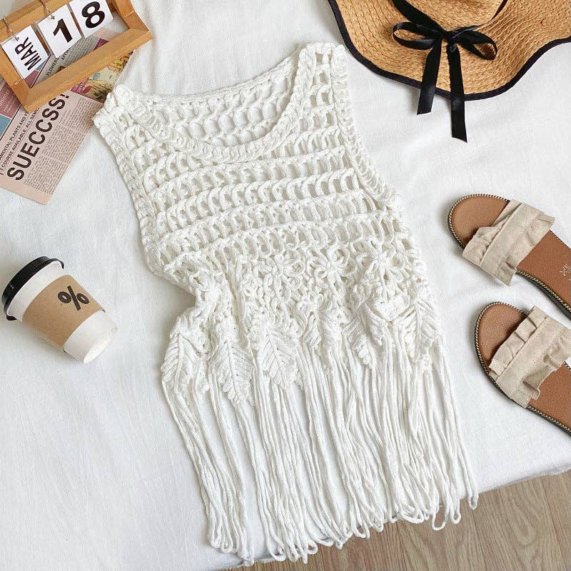 Boho Fringe Woven Sleeveless Cover-Up Top | Cotton Beach Vacation Layering Top