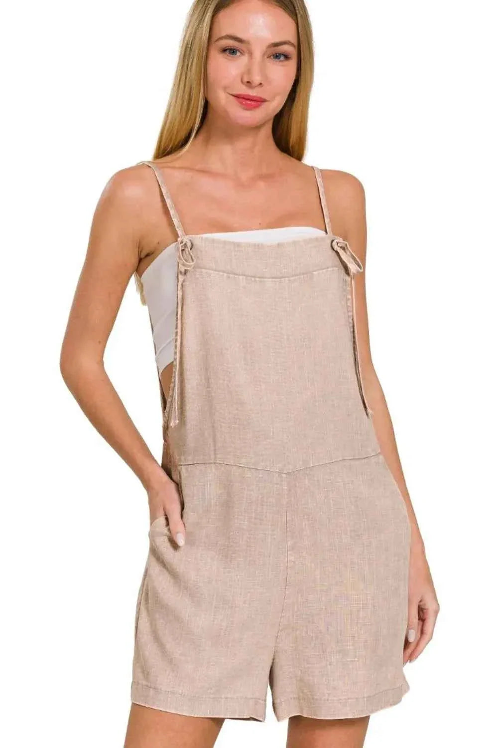 Washed Linen Knot Strap Rompers in ASH MOCHA