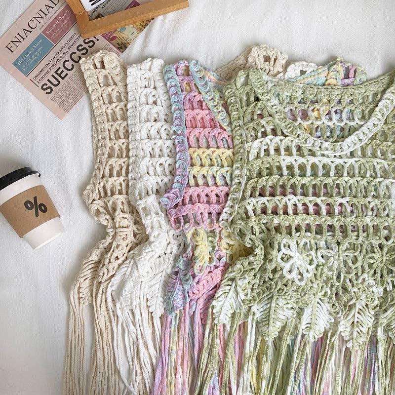 Boho Fringe Woven Sleeveless Cover-Up Top | Cotton Beach Vacation Layering Top