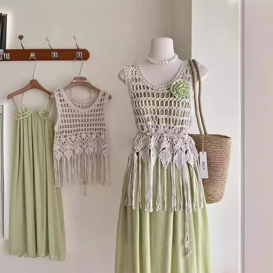 Boho Fringe Woven Sleeveless Cover-Up Top | Cotton Beach Vacation Layering Top