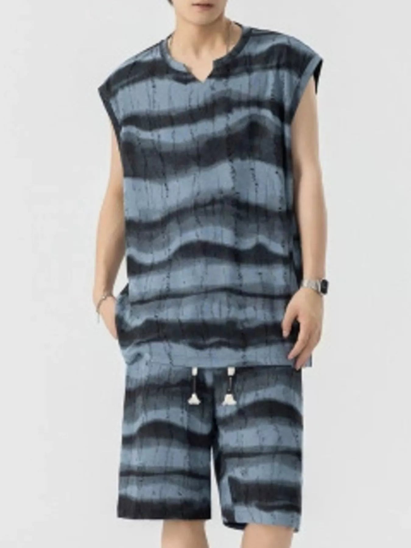 Men's Plus Size Striped Tank and Shorts Set