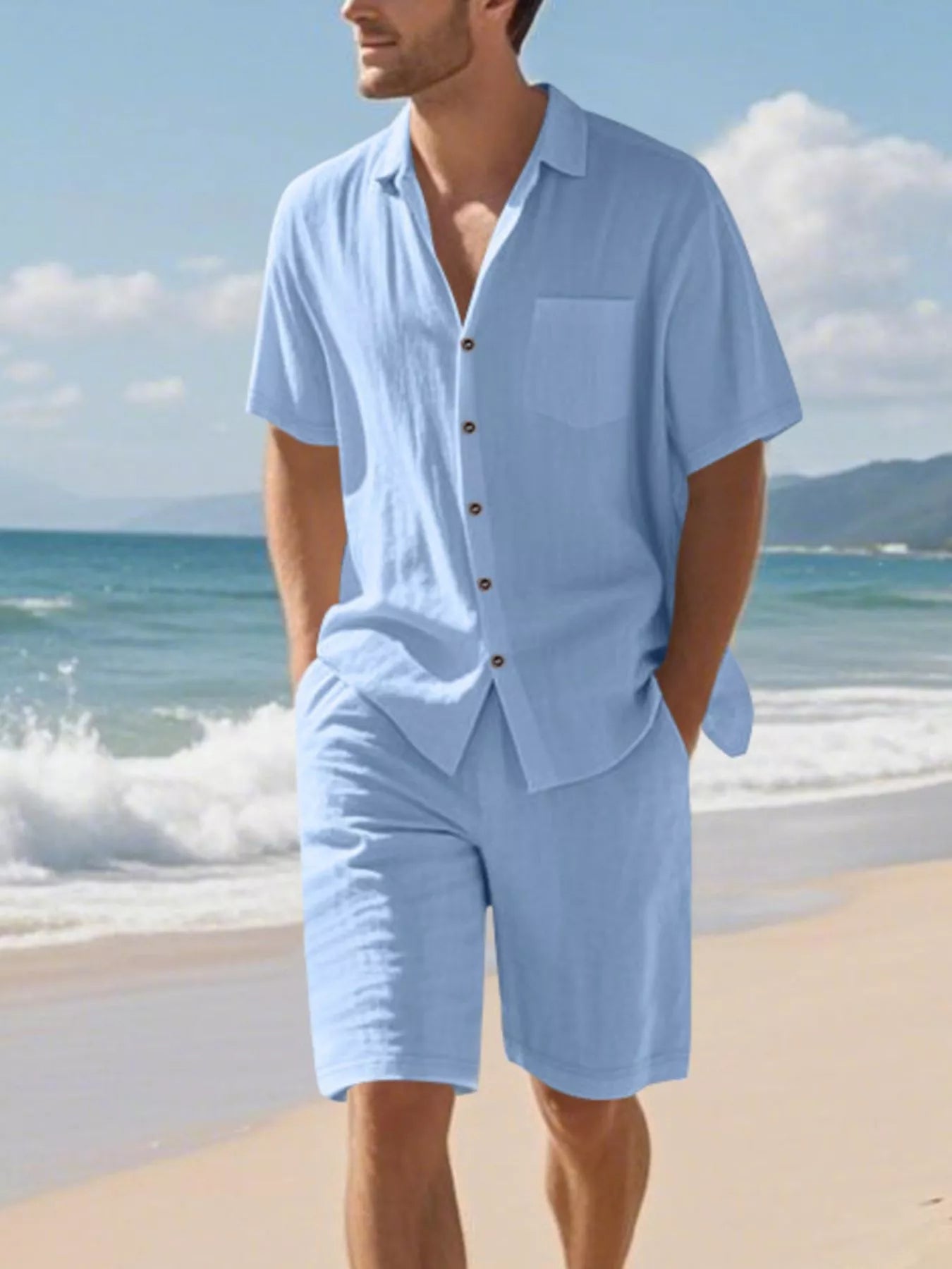 Men's Full Size Casual Button Up Shirt and Shorts Set Plus Size