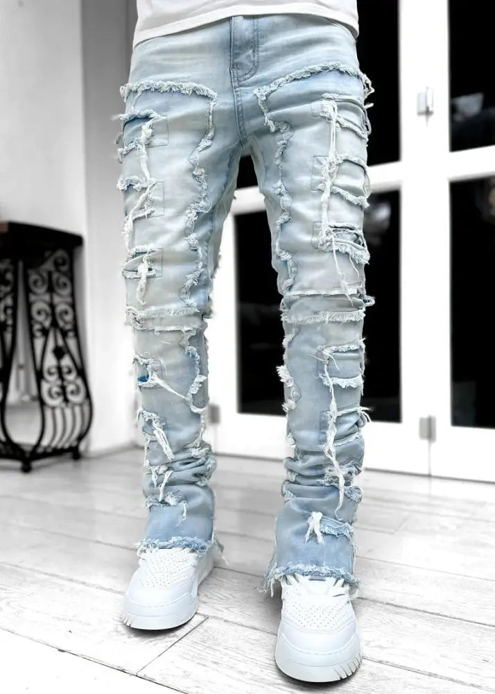 Men's Slim Fit Stacked Ripped Patchwork Streetwear Jeans