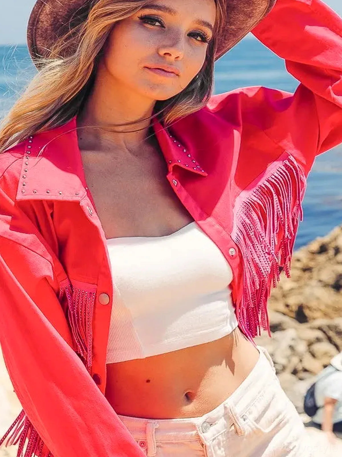 Glamorous Studded Collar Jacket with Rhinestone Fringe