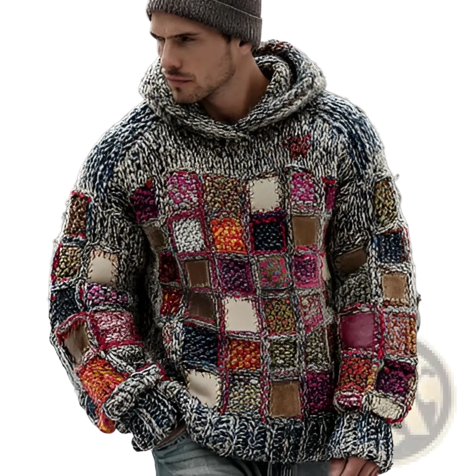 Vintage Patchwork Chunky Knit Oversized Hoodie