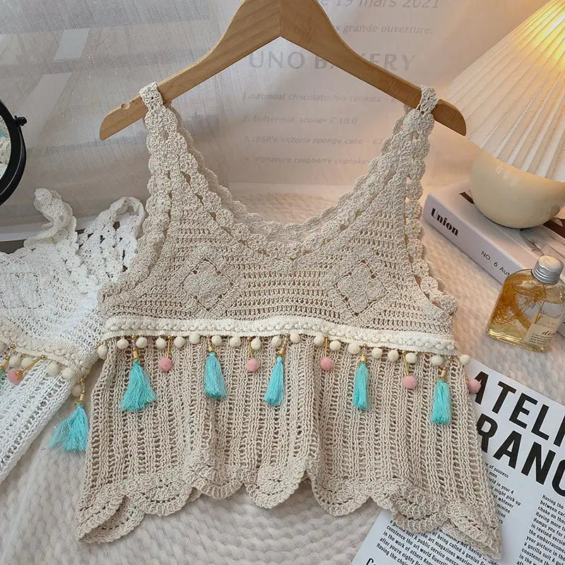 Vintage Fringe Boho Knit Tank Top | Sleeveless Crochet Vest (Medium)