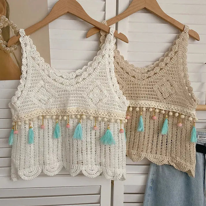 Vintage Fringe Boho Knit Tank Top | Sleeveless Crochet Vest (Medium)