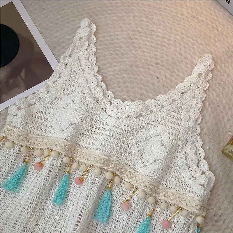 Vintage Fringe Boho Knit Tank Top | Sleeveless Crochet Vest (Medium)