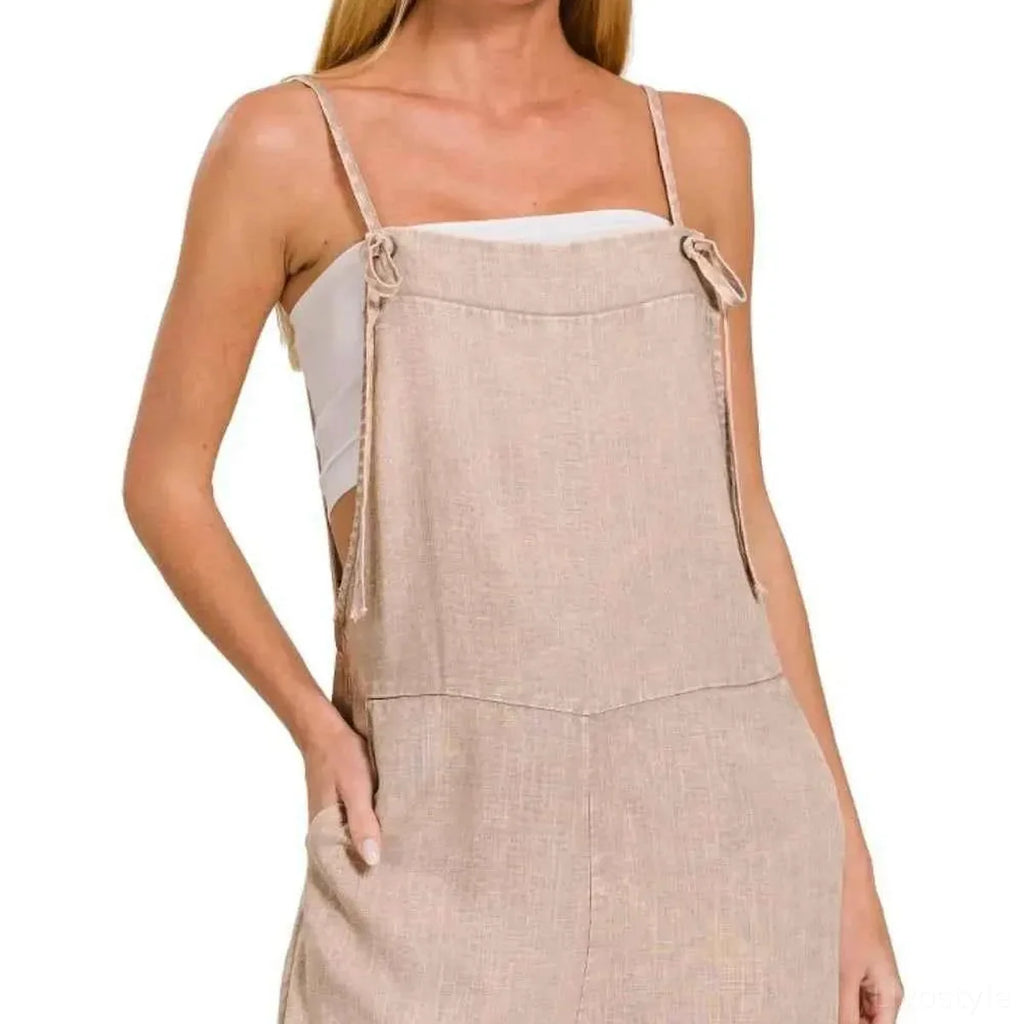Washed Linen Knot Strap Rompers in ASH MOCHA