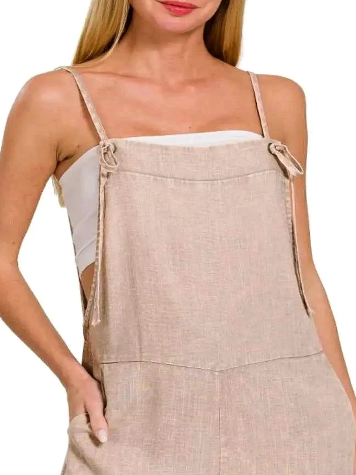 Washed Linen Knot Strap Rompers in ASH MOCHA