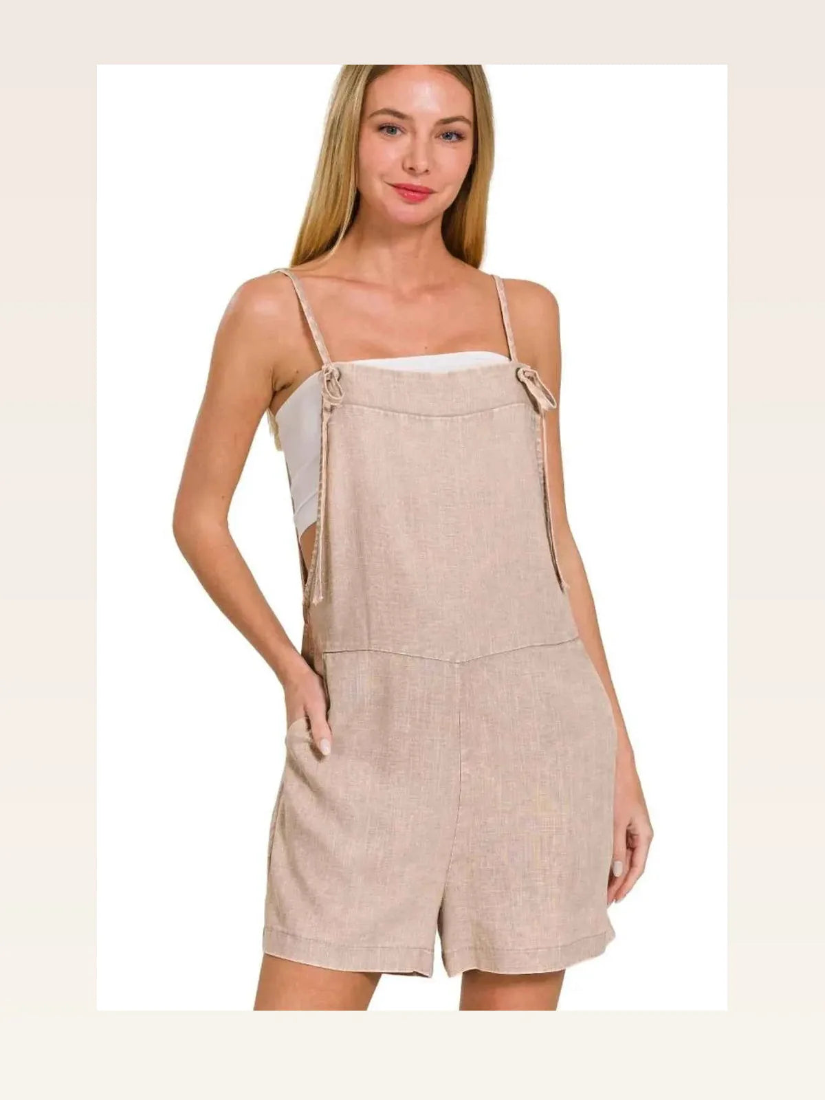 Washed Linen Knot Strap Rompers in ASH MOCHA